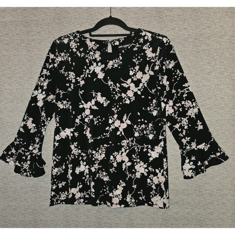 Karl Lagerfeld Floral Blouse Black White 3/4 Length Flared Sleeve‎ Women's Small